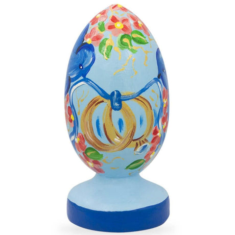 Wood Birds with Wedding Rings Wooden Easter Egg Figurine in Blue color Oval