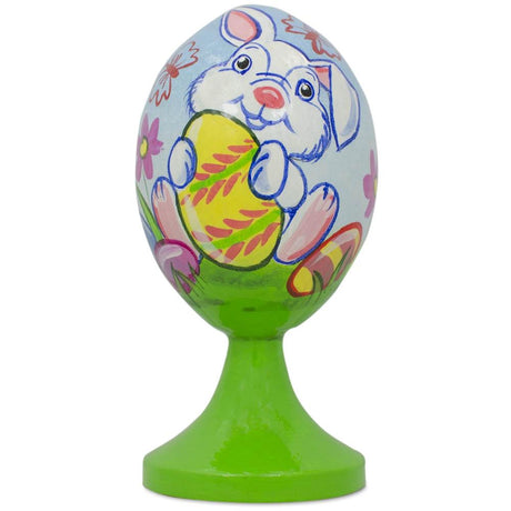Wood White Bunny Holding Easter Egg Wooden Figurine in Multi color Oval