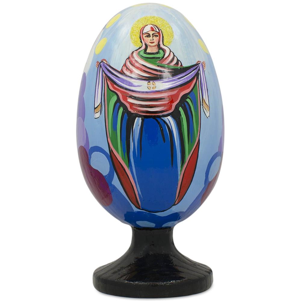 Wood Blessed Virgin Mary Icon Wooden Easter Egg Figurine 4.75 Inches in Multi color Oval