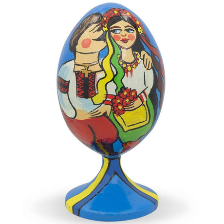 Wood Couple Celebrating Ukrainian Independence Day Wooden Figurine in Multi color Oval