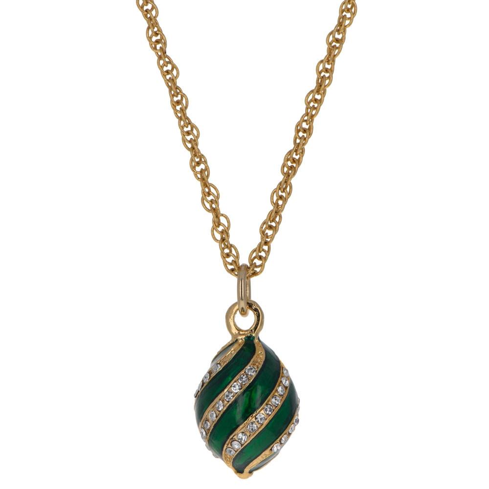 Pewter Royal Elegance: Green Enamel & Crystal Egg Pendant Necklace in Green color Oval