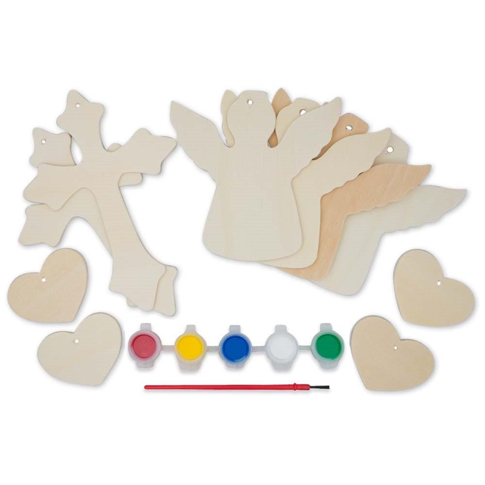 Wood 10 Angels, Hearts & Crosses Ornaments Unfinished Wooden Shapes Craft Cutouts DIY Unpainted 3D Plaques in Beige color
