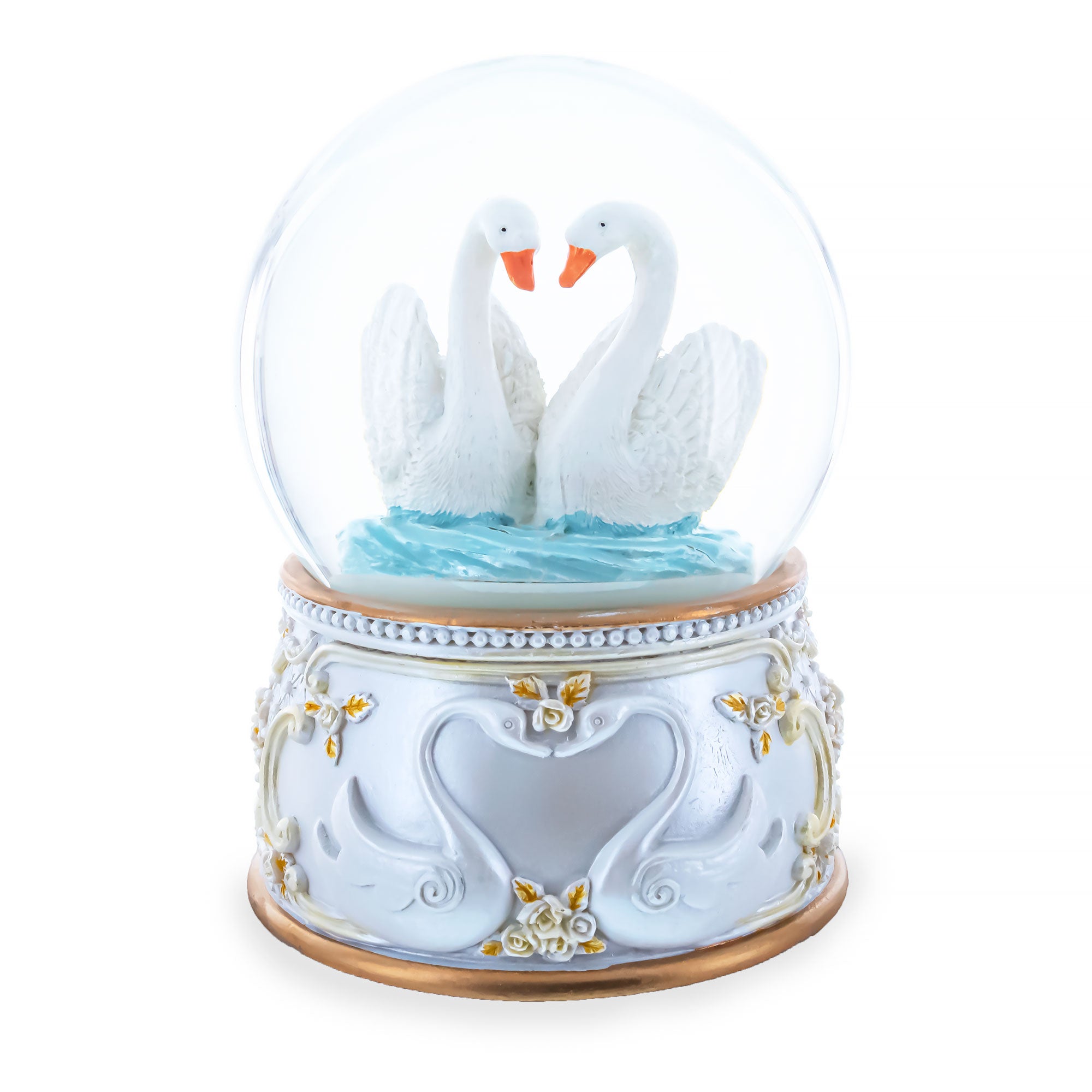 Enchanted Swans Spinning Musical Water Snow Globe in White color Round