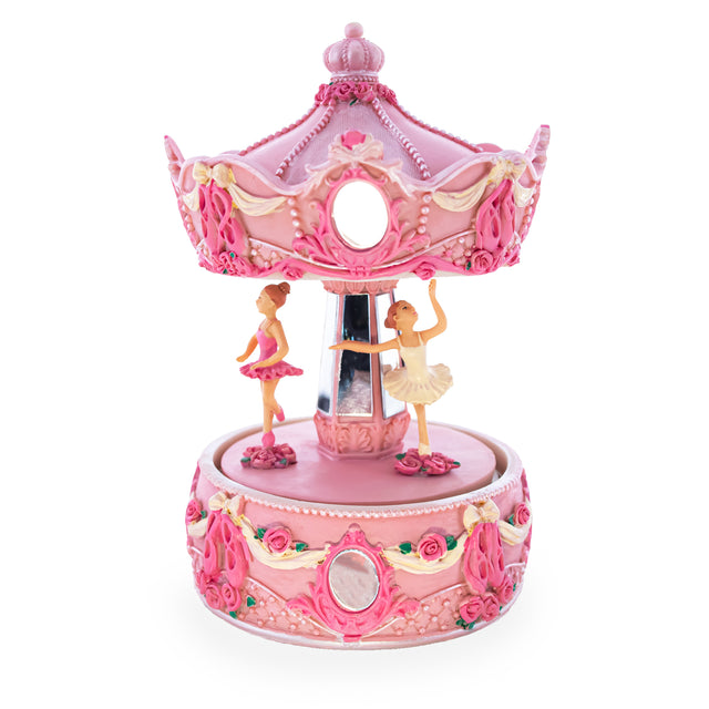 Resin Dance of the Ballerinas: Three-Tier Ballet Carousel - Rotating Musical Figurine with Graceful Dancers in Pink color