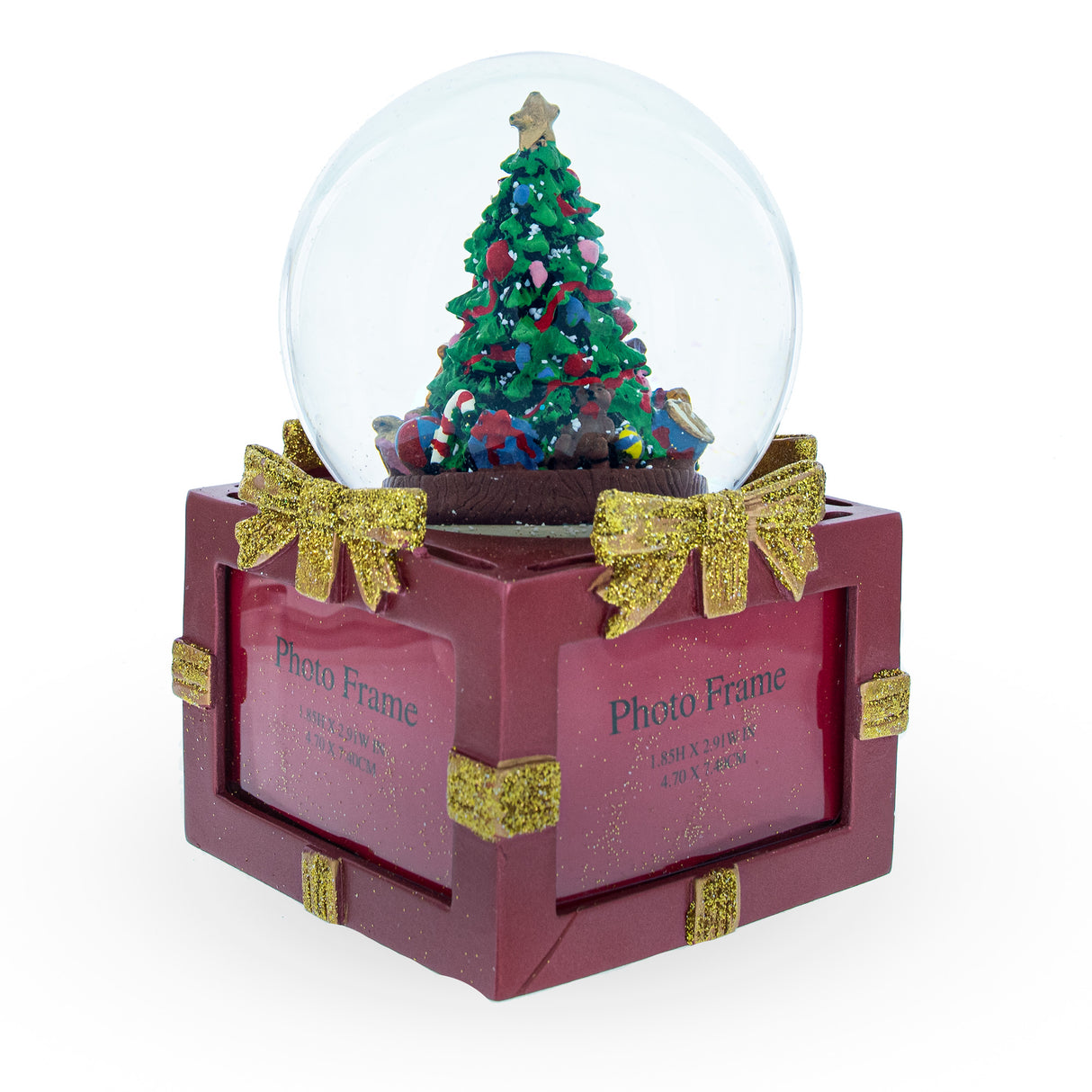 Resin Four-Sided Picture Frame Christmas Tree: Musical Water Snow Globe in Red color Round