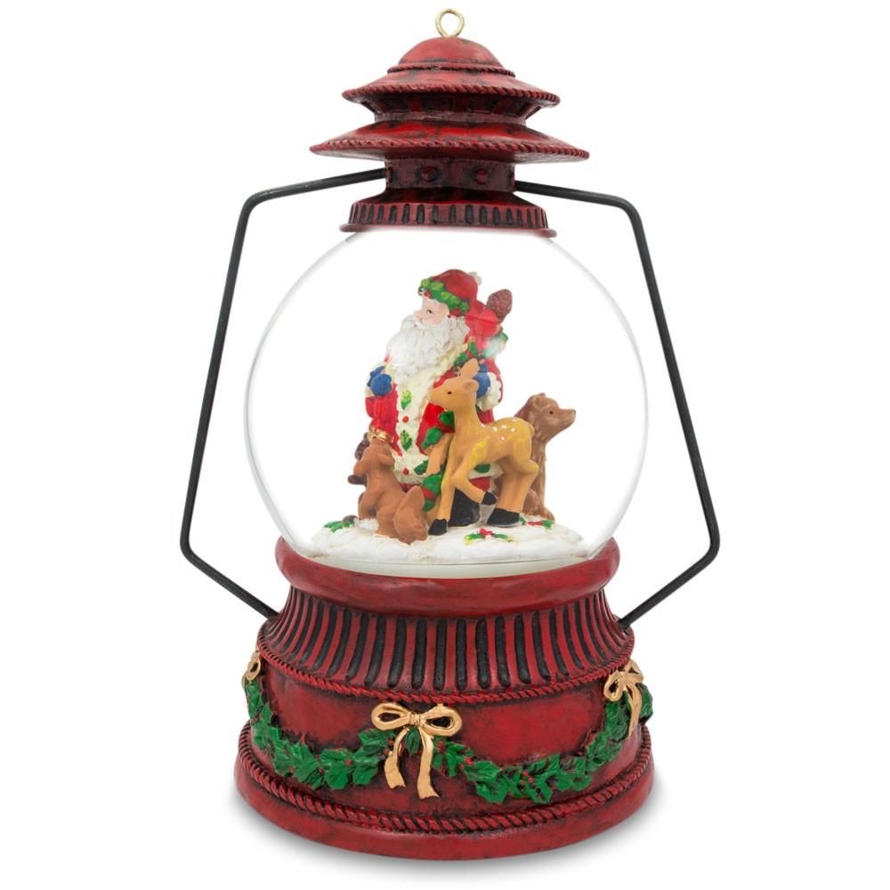 Resin Santa's Wildlife Symphony: Illuminated Musical Snow Globe with Forest Creatures in Red color