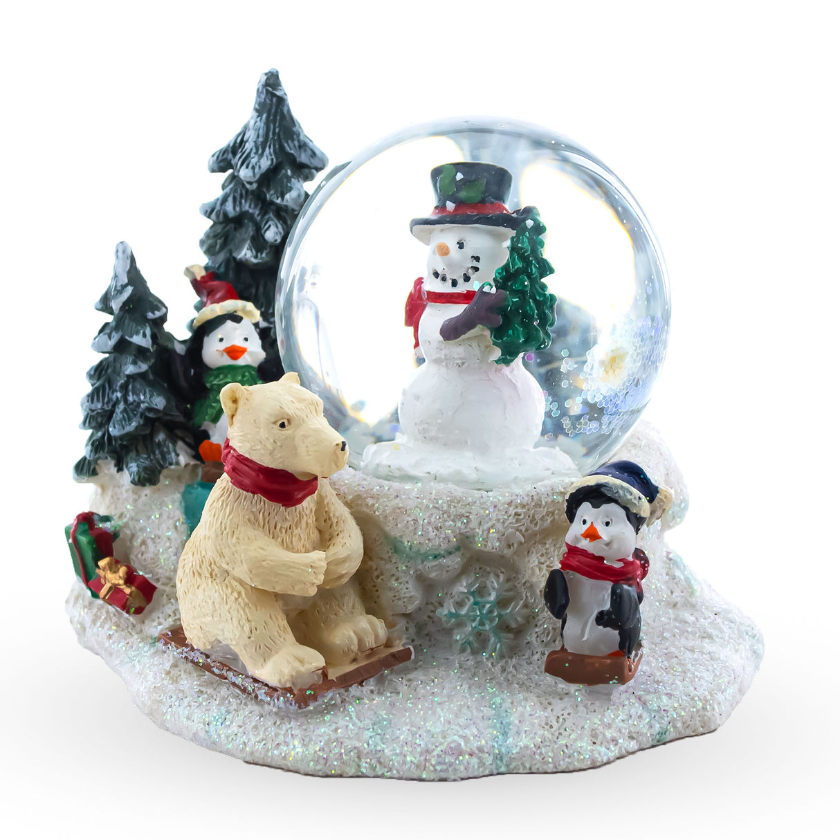 Resin Arctic Animals Mini Water Snow Globe: Snowman, Polar Bear, and Penguins in White color Round