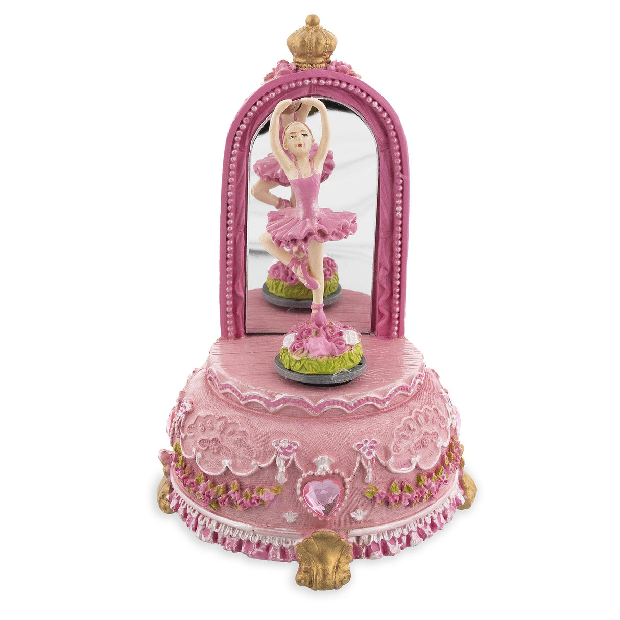 Resin Mirror Ballet Elegance: Spinning Musical Figurine with Dancing Ballerina in Pink color