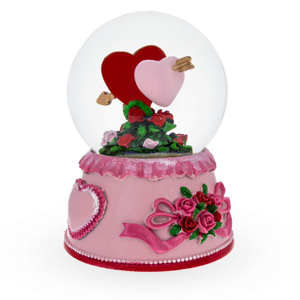 Resin Musical Water Snow Globe with Two Hearts in Love Valentine's Day Figurine in Pink color
