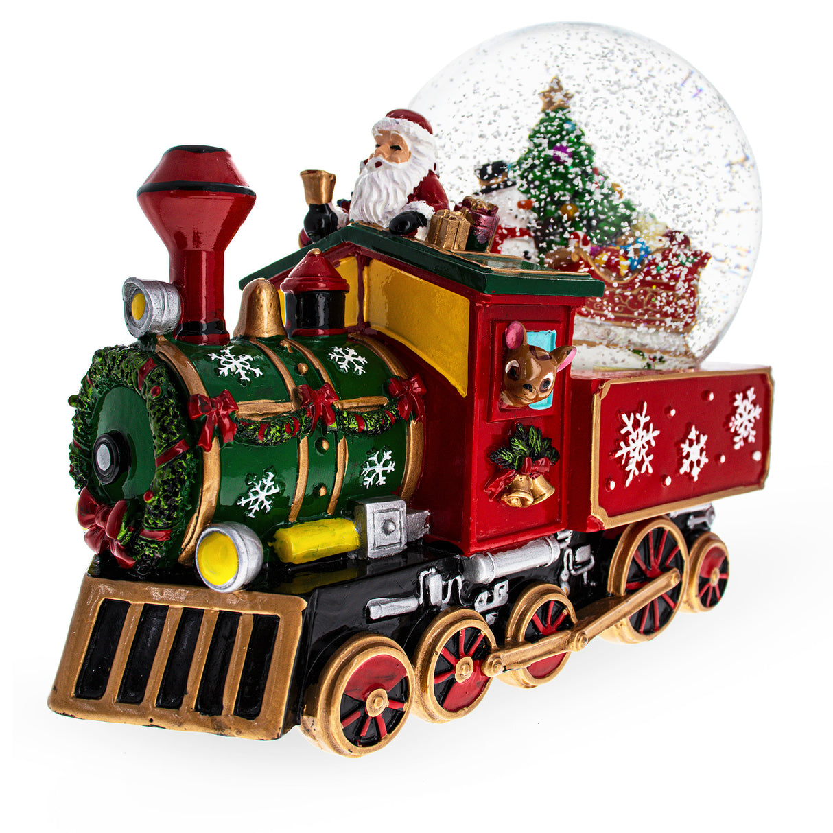 Resin Festive Train Express: Musical Water Globe with Santa, Snowman, and Reindeer Delivering Tree in Red color