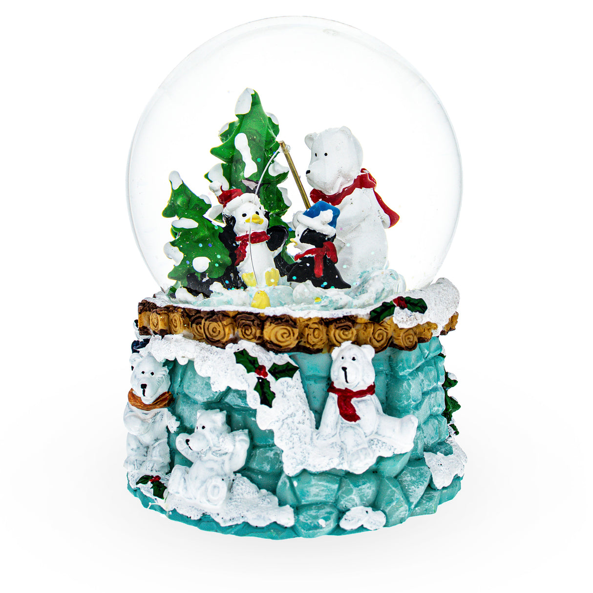 Resin Arctic Fishing Expedition: Musical Christmas Water Snow Globe with Polar Bear and Penguins in Green color