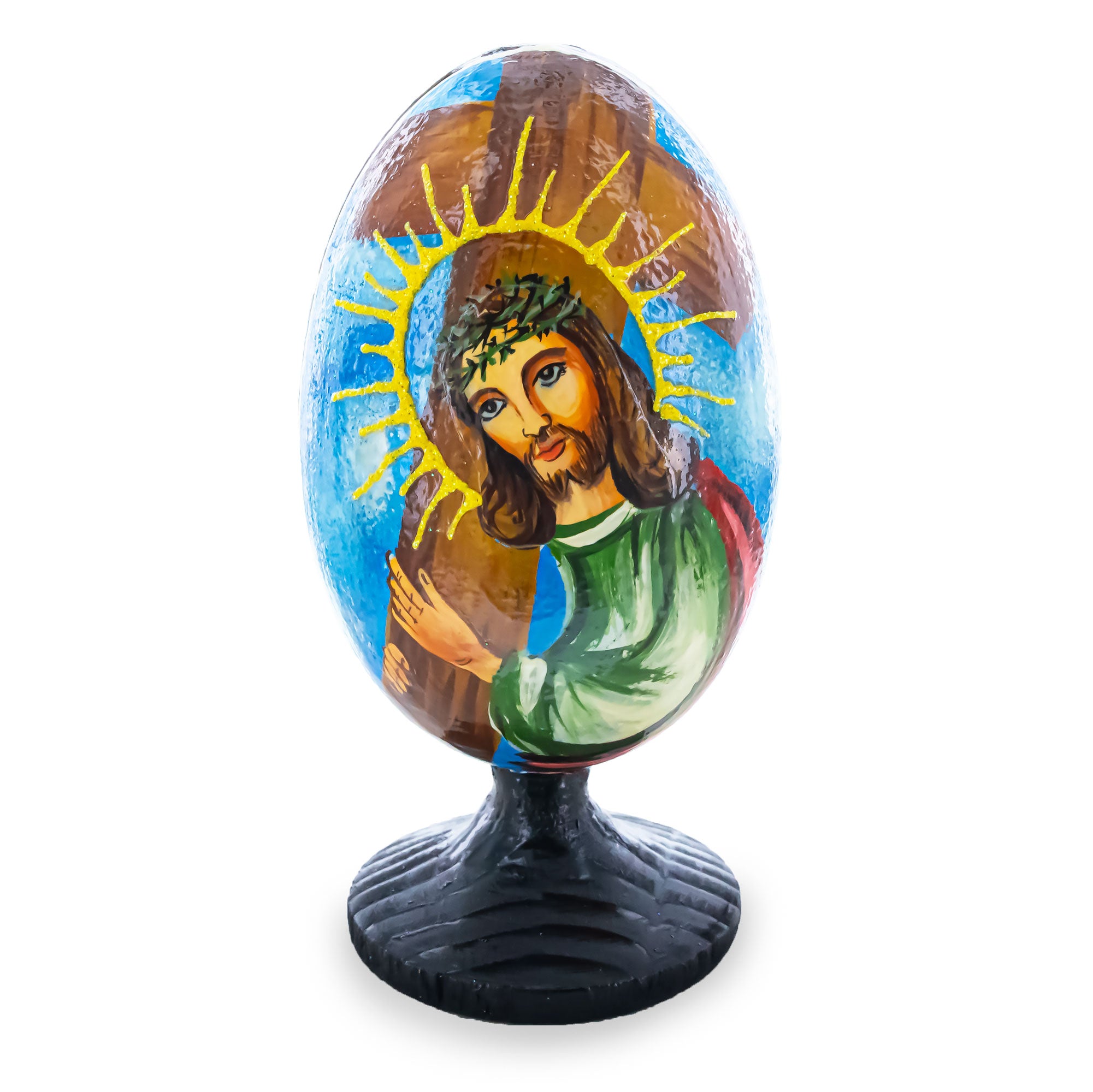 Jesus Christ Carrying Cross Wooden Easter Egg Figurine 4.75 Inches in Multi color Oval