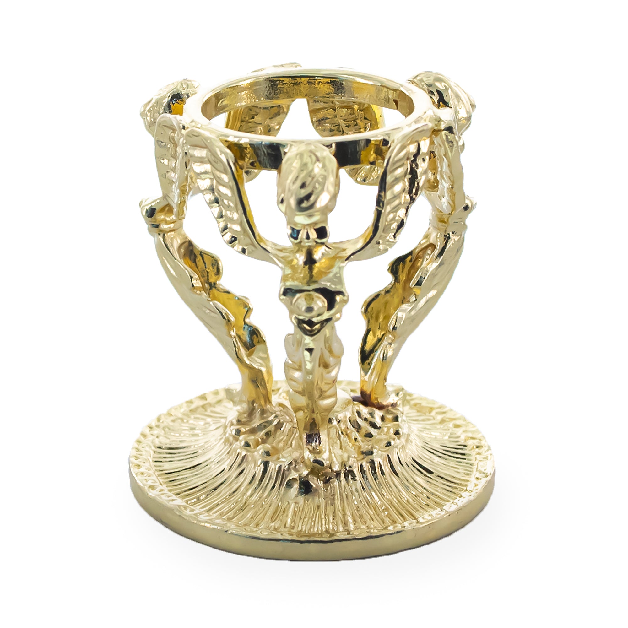 Three Angels on Pedestal Gold Tone Metal Egg Sphere Stand Holder Display in Gold color