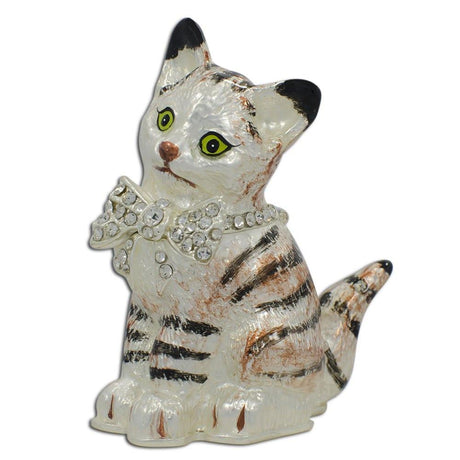 Pewter Maine Coon Cat with a Crystal Bow Jewelry Trinket Box Figurine in Multi color