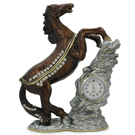 Pewter Jeweled Noble Horse with Clock Trinket Box Figurine 4.5 Inches in Multi color