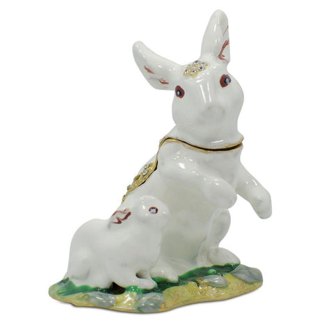 Pewter Bunny Family Jeweled Trinket Box Figurine in White color