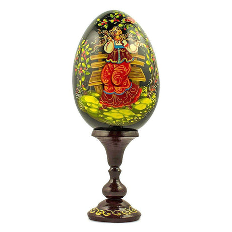 Wood Young Girl in the Garden Collectible Wooden Easter Egg 6.25 Inches in Multi color Oval