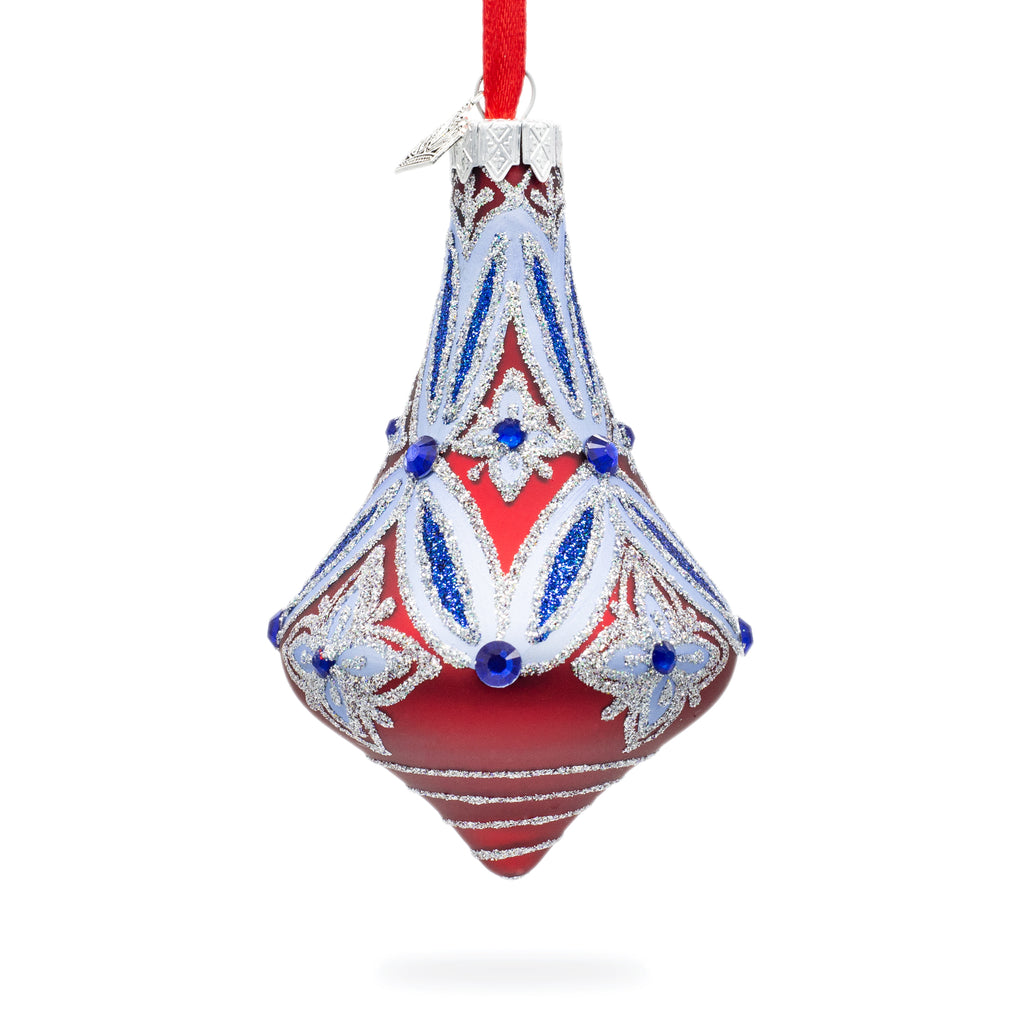 Glass Blue Geometrical Pattern Glass Bell Finial Christmas Ornament in Multi color