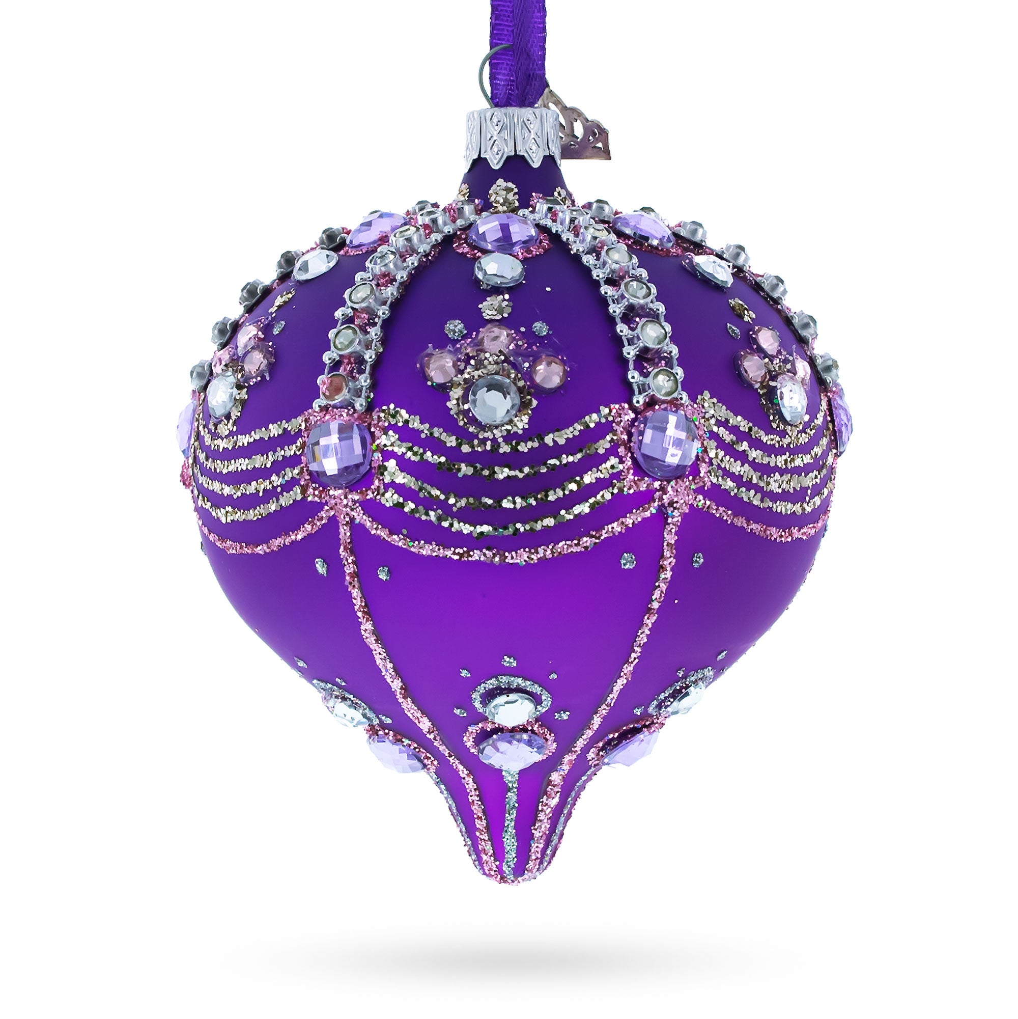 Sparkly Diamonds on Purple Onion-Shape Finial Glass Christmas Ornament in Purple color Finial