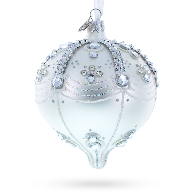 Glass White Jewels on Silver Onion Shape Glass Ornament in White color