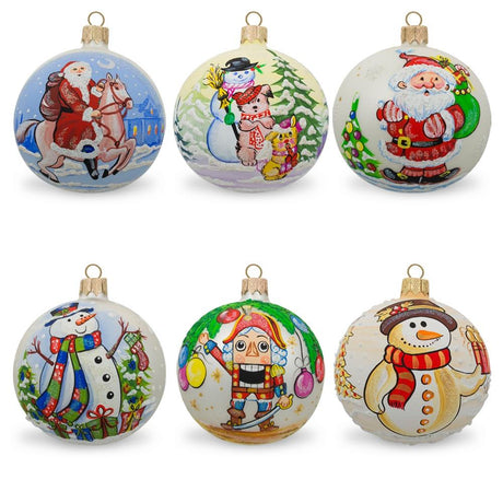 Glass Set of 6 Glass Ball Christmas Ornaments - Snowmen, Santa's & Nutcracker in Multi color Round