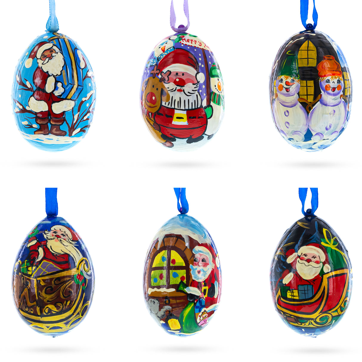 Santa, Snowman and Reindeer Delivering Gifts Wooden Christmas Ornaments 3 Inches in Multi color, Oval shape