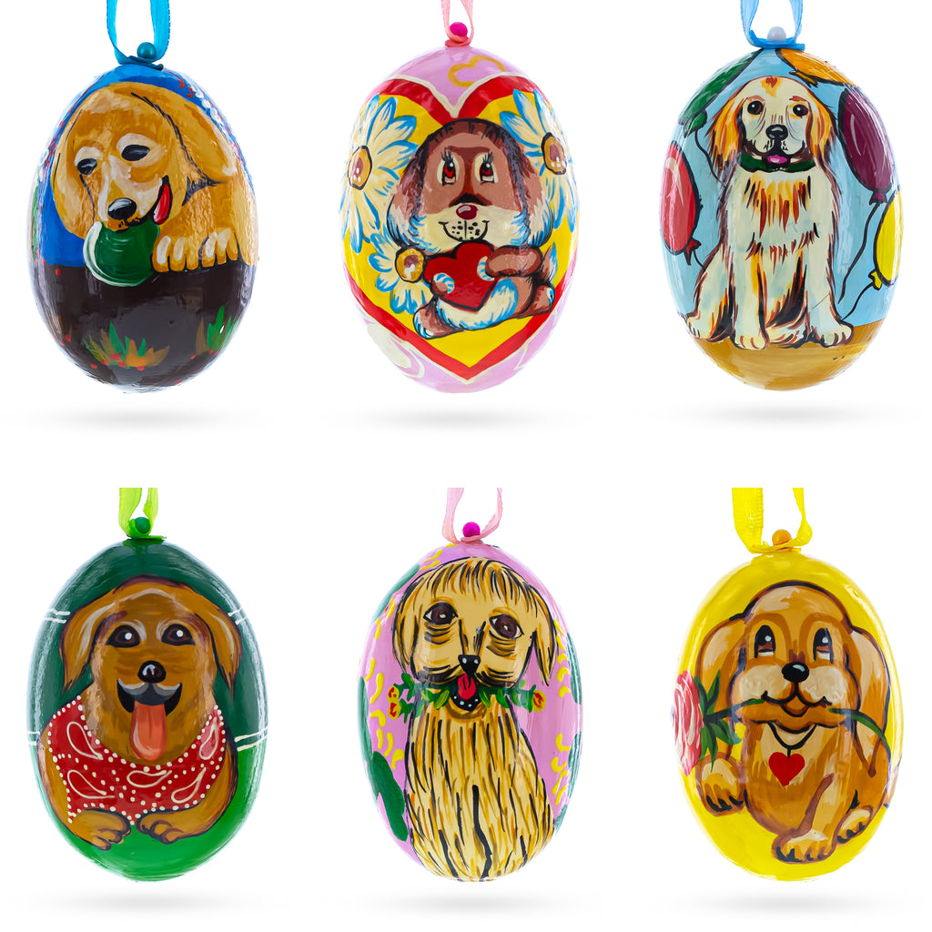 Wood 6 Dog Puppies- Golden Retriever and Labrador Wooden Christmas Ornaments 3 Inches in Multi color Oval