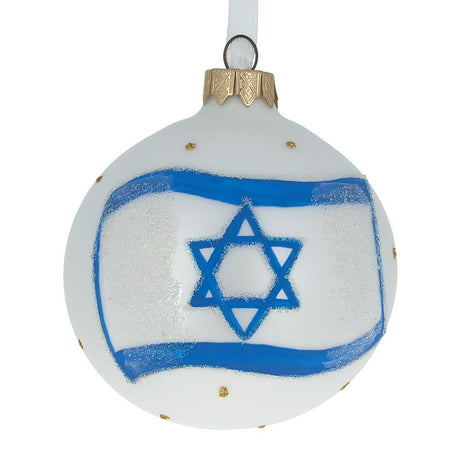 Flag of Israel Blown Glass Ball Christmas Ornament 3.25 Inches in White color, Round shape