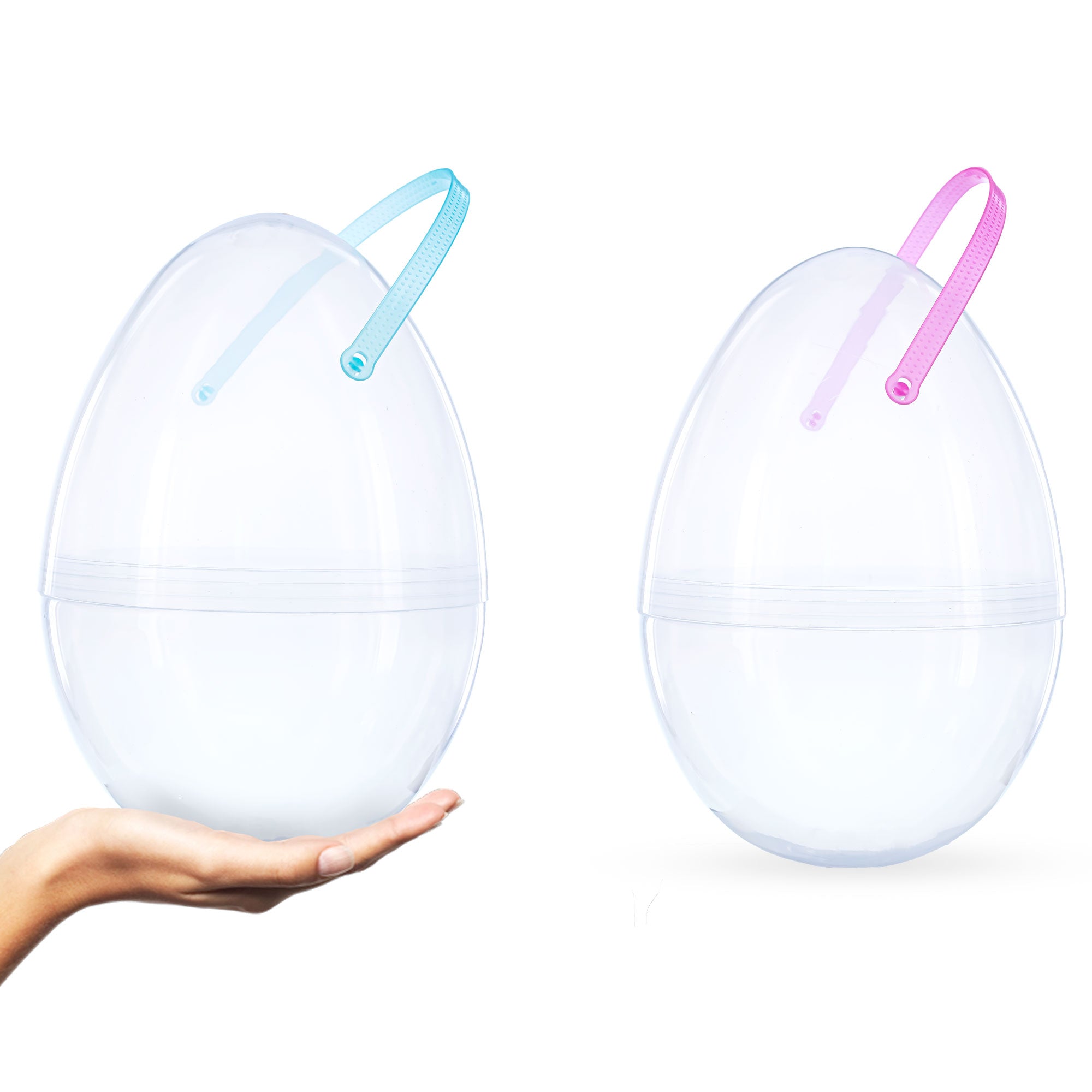 Set of 2 Transparent Jumbo Large Size Plastic Easter Eggs with Handles 10 Inches in Clear color Oval