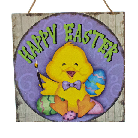 Wood Happy Chick Decorating Easter Egg Plaque Decorative Wall Sign in Multi color Square