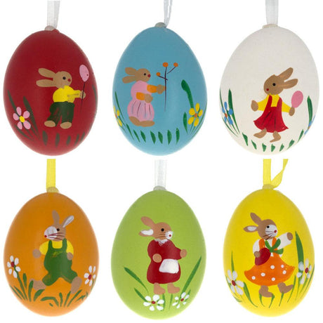 Set of 6 Real Easter Egg Ornaments with Bunnies Decorations in Multi color, Oval shape