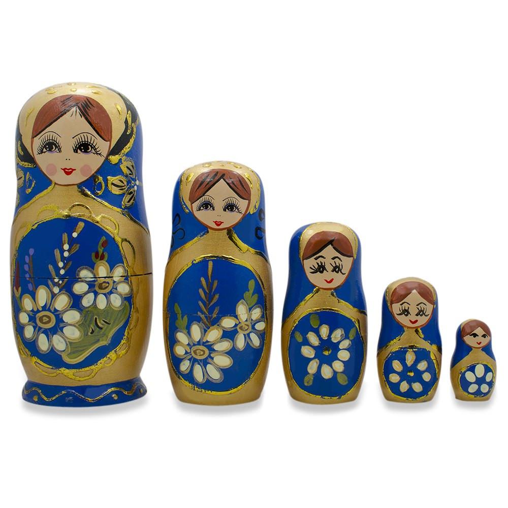 Wood Set of 5 White Flowers on Blue Nesting Dolls 6.5 Inches in Blue color