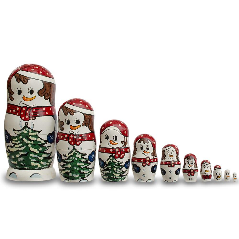 Wood Set of 10 Snowmen with Christmas Tree Wooden Nesting Dolls 10.25 Inches in White color