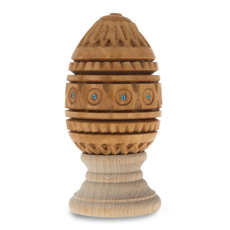 Wood Hand Carved Inlaid Ukrainian Wooden Easter Egg on a Stand in Red color Oval