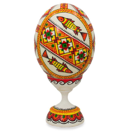 Fish Ukrainian Wooden Easter Egg Pysanka on a Stand 3.75 Inches in White color, Oval shape