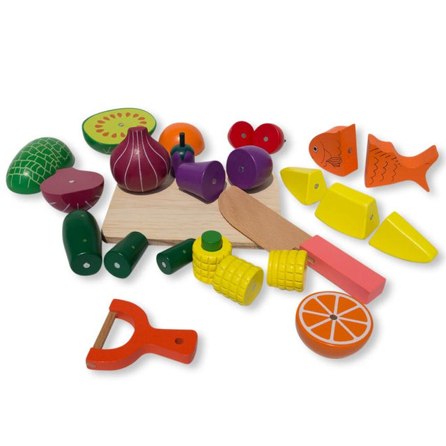 Wood Set of 25 Magnetic Wooden Fruits and Vegetables Kitchen Play Set in Multi color