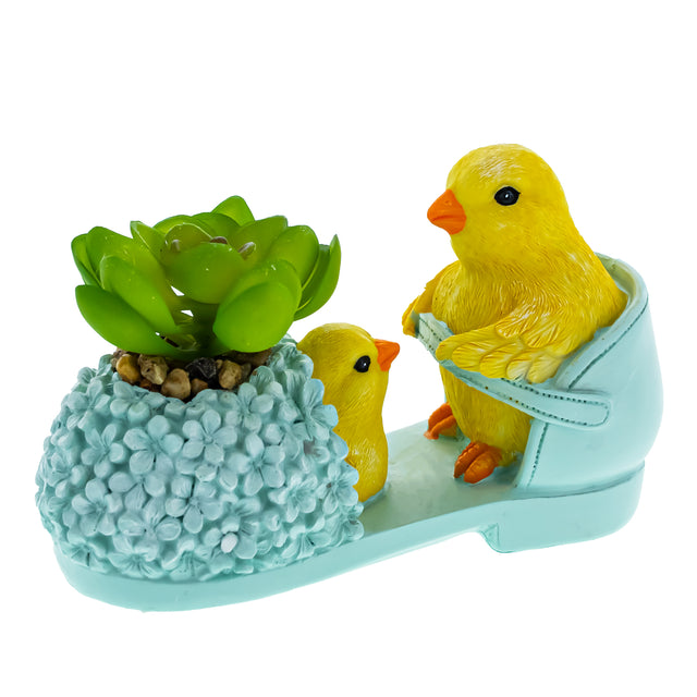Resin Chick Duo Nestled in Shoe: Floral Pot Figurine in Multi color