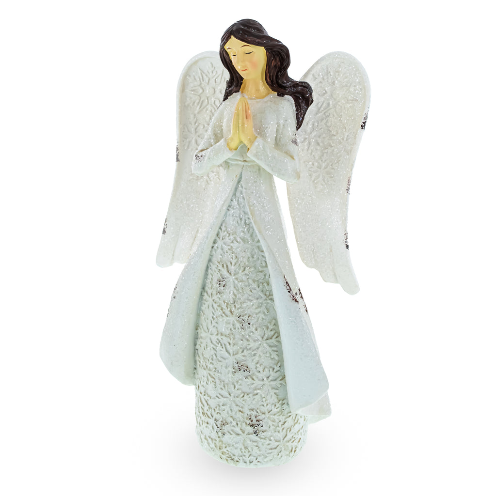 Resin Serene Praying Angel in Snowflakes Dress Figurine in Multi color