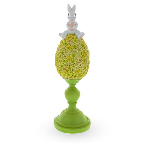 Resin Bunny Perched Atop Floral Easter Egg Figurine in Multi color