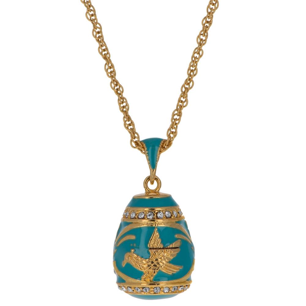 Pewter Aquamarine Enamel Gold Bird Royal Egg Pendant Necklace in Multi color Oval