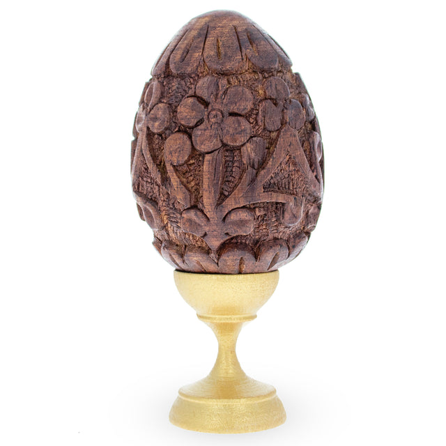 Wood Hand Carved Sheesham Wood Easter Egg with Flowers on a Stand in Beige color Oval
