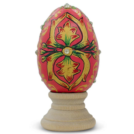 Wood Jeweled Embossed Oriental Red Flower Wooden Easter Egg 3 Inches in Red color Oval