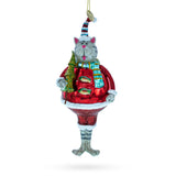 Cat in Fur Hat with Tree Glass Christmas Ornament in Red color