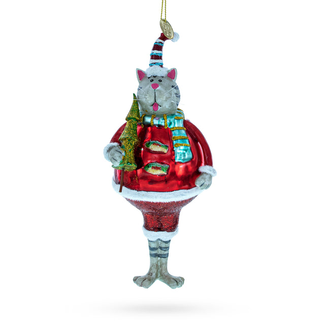 Cat in Fur Hat with Tree Glass Christmas Ornament in Red color