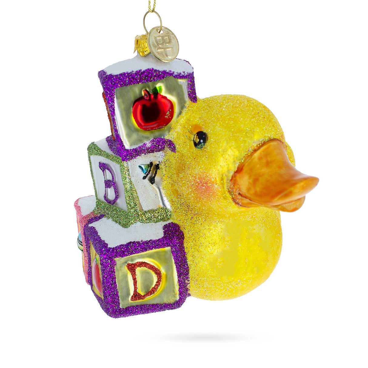 Glass Educational Yellow Duck with ABC Blocks - Blown Glass Christmas Ornament in Multi color