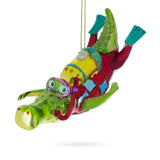 Adventurous Alligator as a Scuba Diver - Blown Glass Christmas Ornament in Green color,  shape