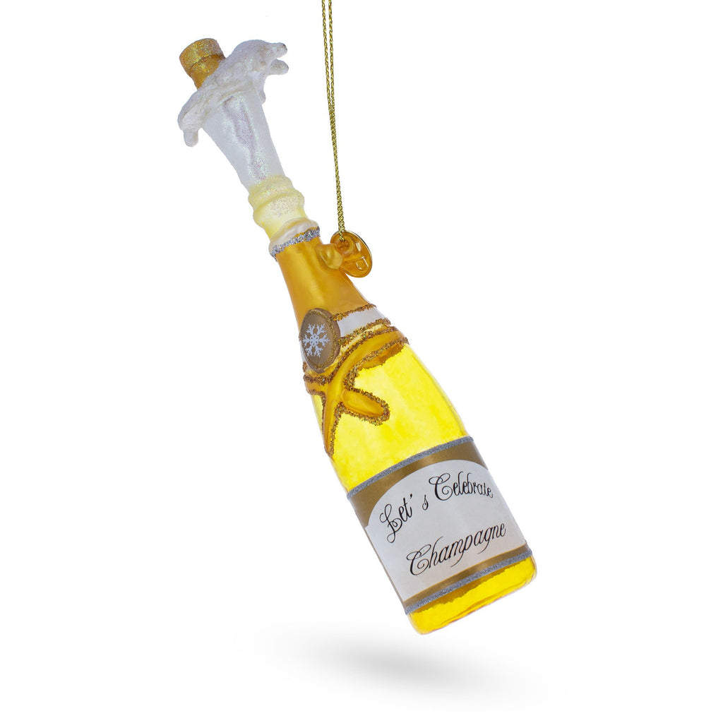 Glass Celebratory Champagne Bottle Pop - Blown Glass Christmas Ornament in Yellow color
