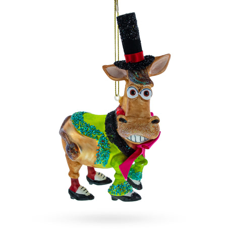 Glass Festive Donkey: Donkey in Whimsical Costume - Blown Glass Christmas Ornament in Multi color