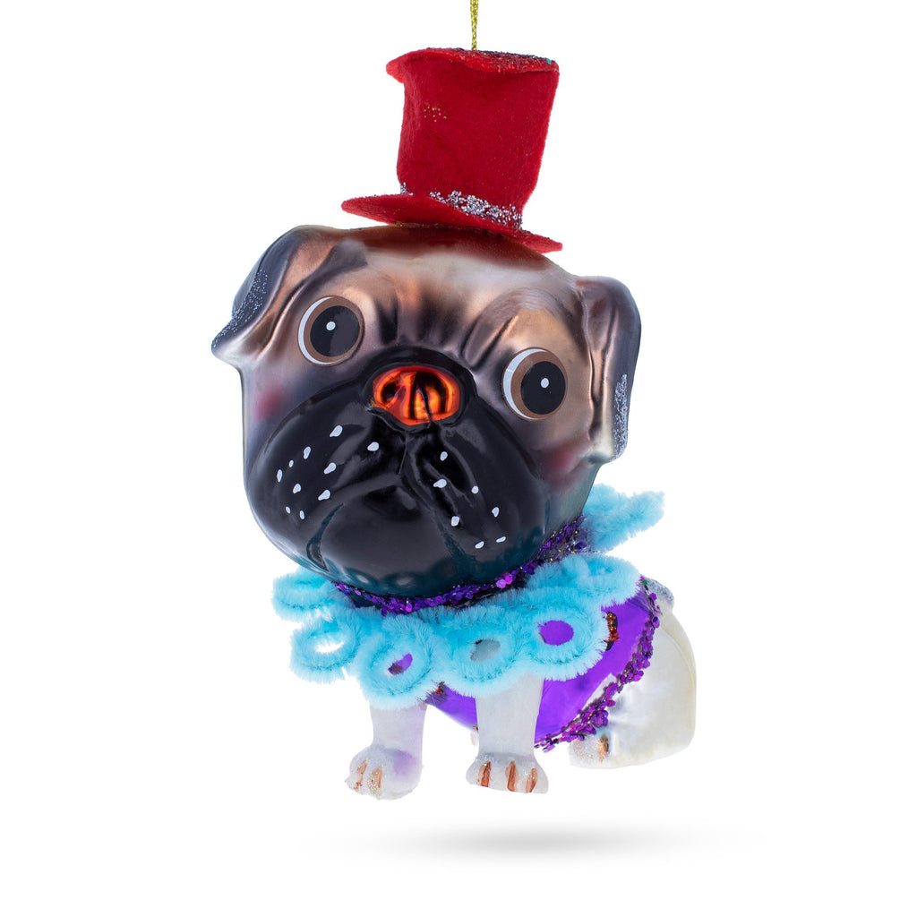 Pug in a Festive Red Hat Glass Christmas Ornament in Purple color Figurine