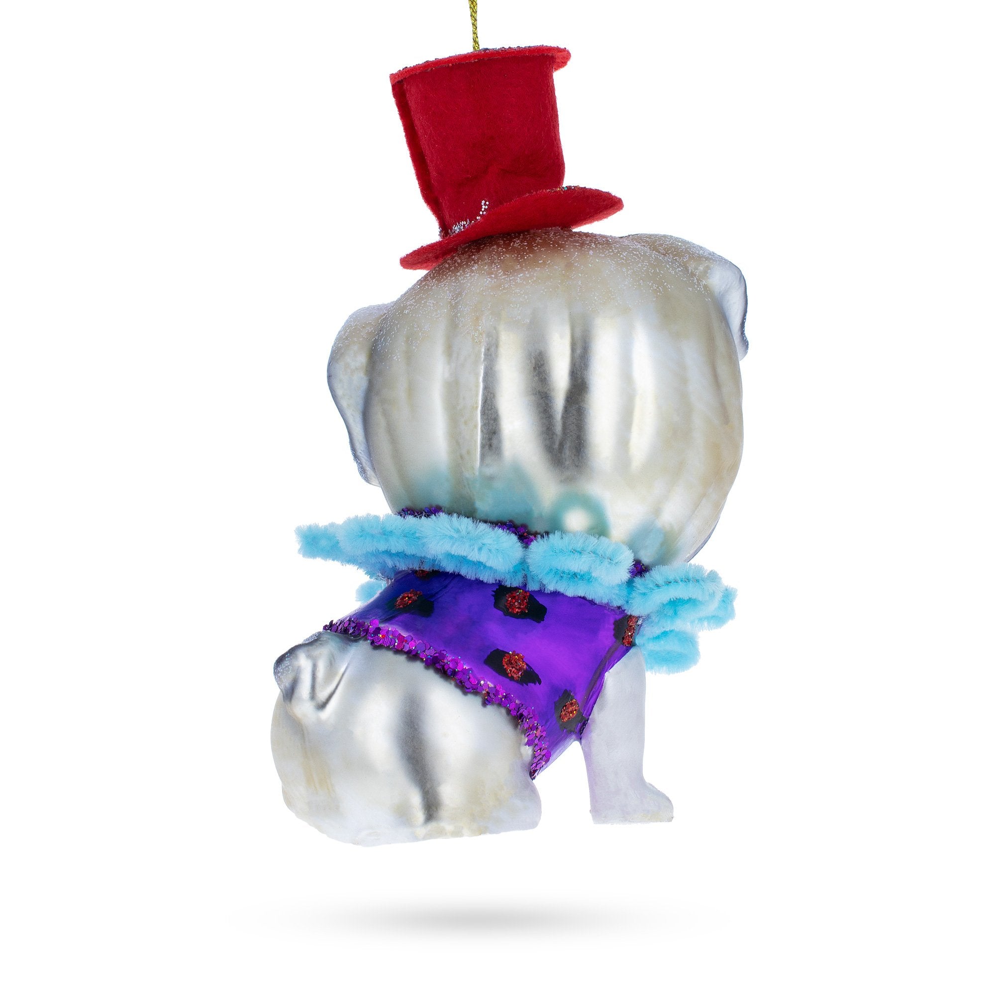 Pug in a Festive Red Hat Glass Christmas OrnamentChina , dimensions in inches: 6.9 x 4.2 x 3.6